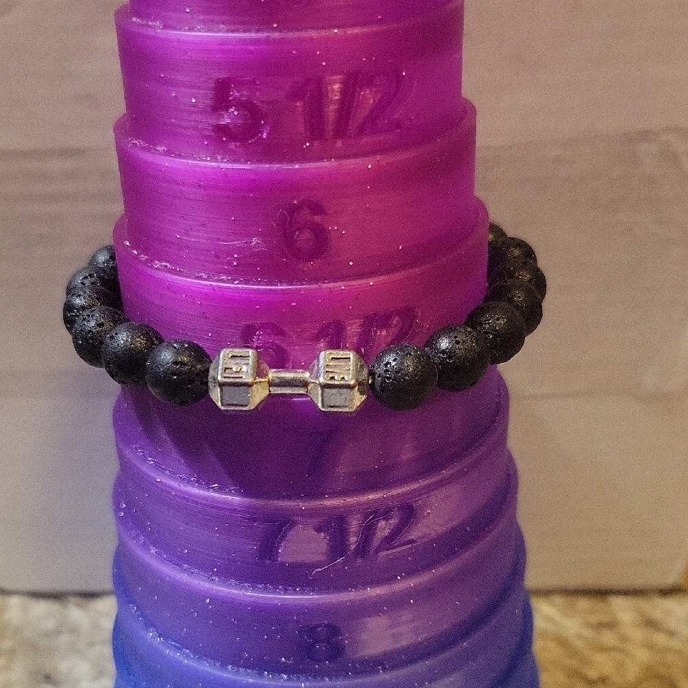 "Live Lift" Black Lava Stone Beaded Stretch Bracelet with Silver Tone Dumbbell